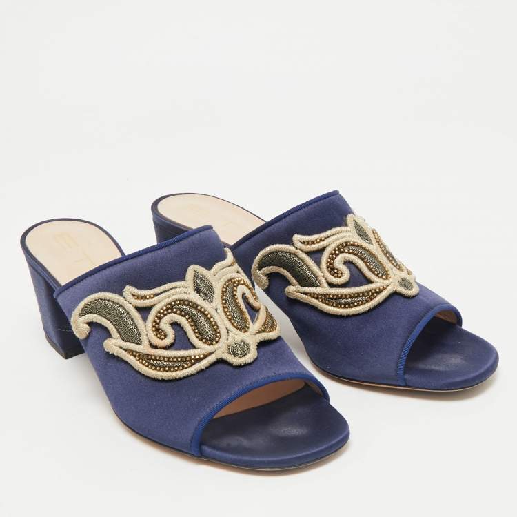 Pre Owned Etro Navy Blue Satin Slide Sandals Size 40