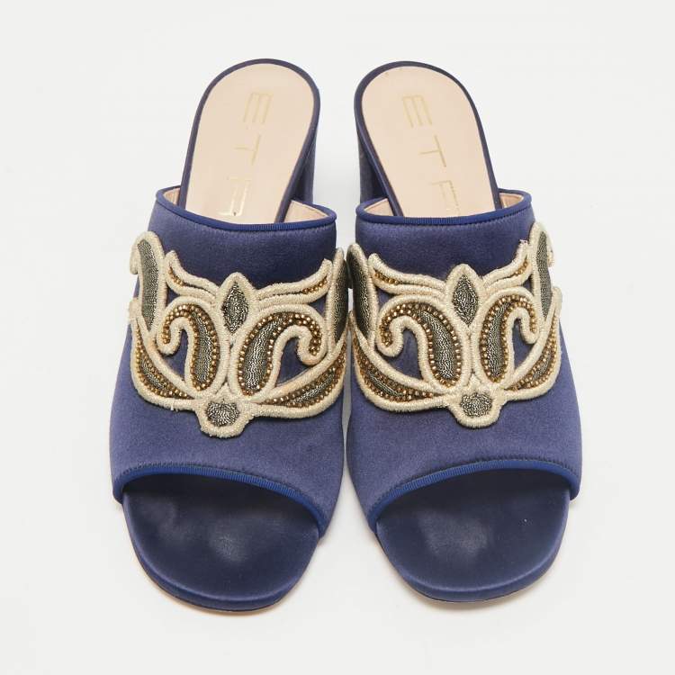 Pre Owned Etro Navy Blue Satin Slide Sandals Size 40