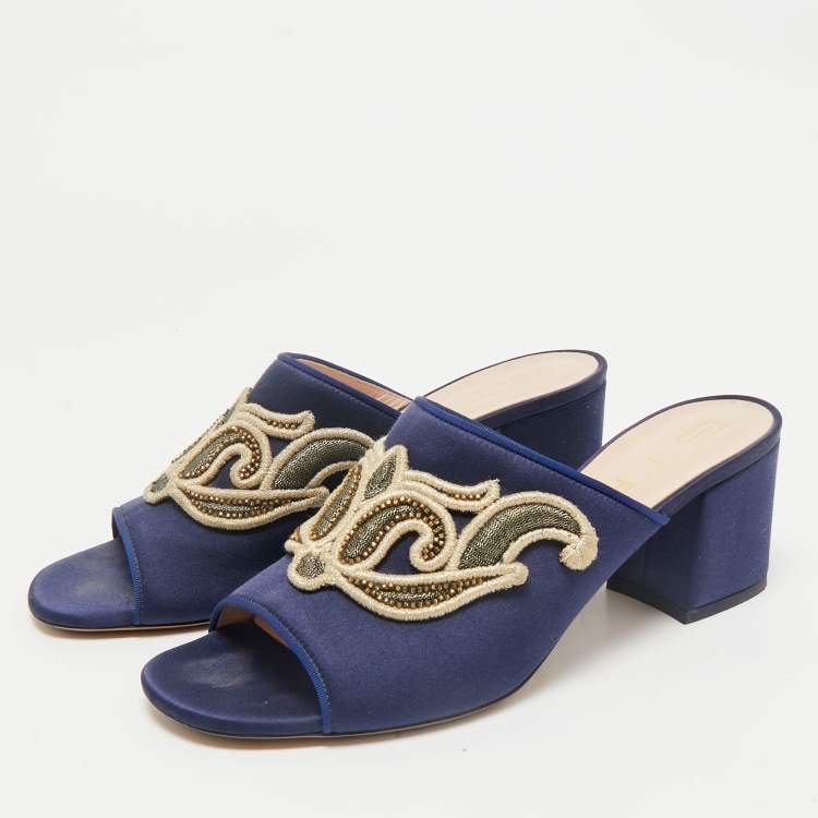 Pre Owned Etro Navy Blue Satin Slide Sandals Size 40