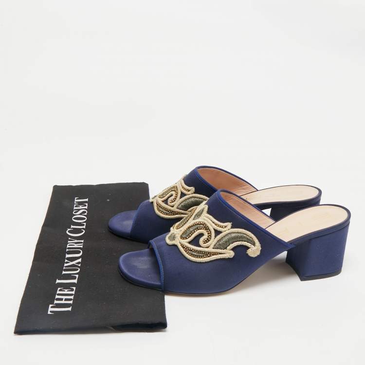 Pre Owned Etro Navy Blue Satin Slide Sandals Size 40