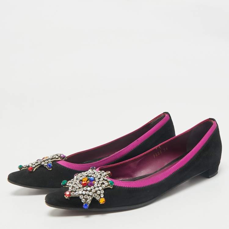 Pre Owned Etro Black/Purple Suede and Satin Crystal Embellished Ballet Flats Size 36