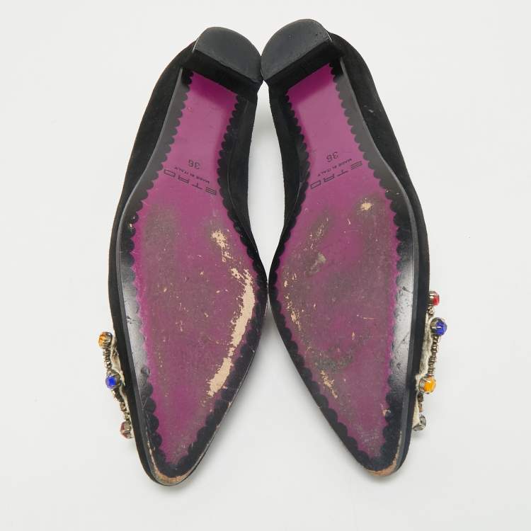 Pre Owned Etro Black/Purple Suede and Satin Crystal Embellished Ballet Flats Size 36