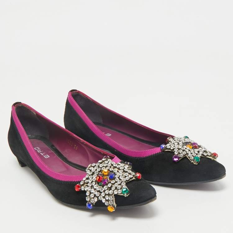Pre Owned Etro Black/Purple Suede and Satin Crystal Embellished Ballet Flats Size 36