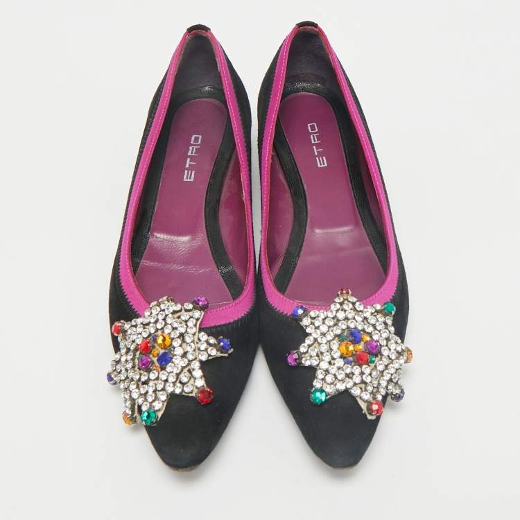 Pre Owned Etro Black/Purple Suede and Satin Crystal Embellished Ballet Flats Size 36