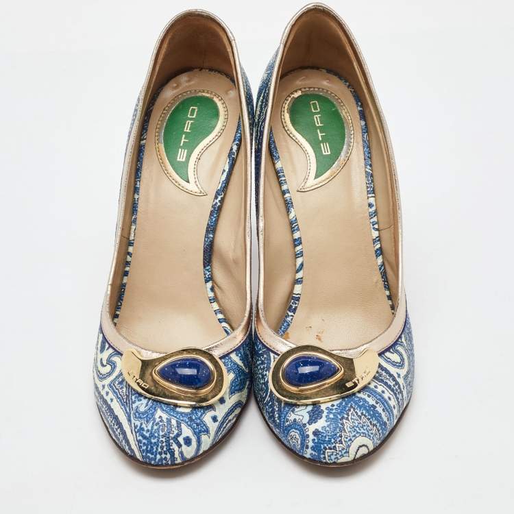 Pre Owned Etro Blue/White Paisley Print Coated Canvas Embellished Pumps Size 37.5