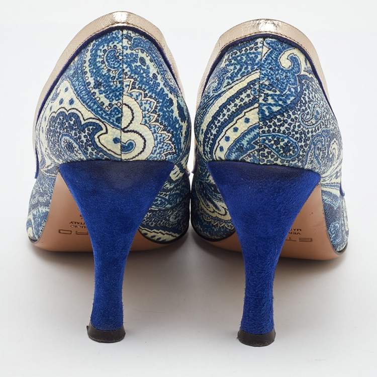 Pre Owned Etro Blue/White Paisley Print Coated Canvas Embellished Pumps Size 37.5