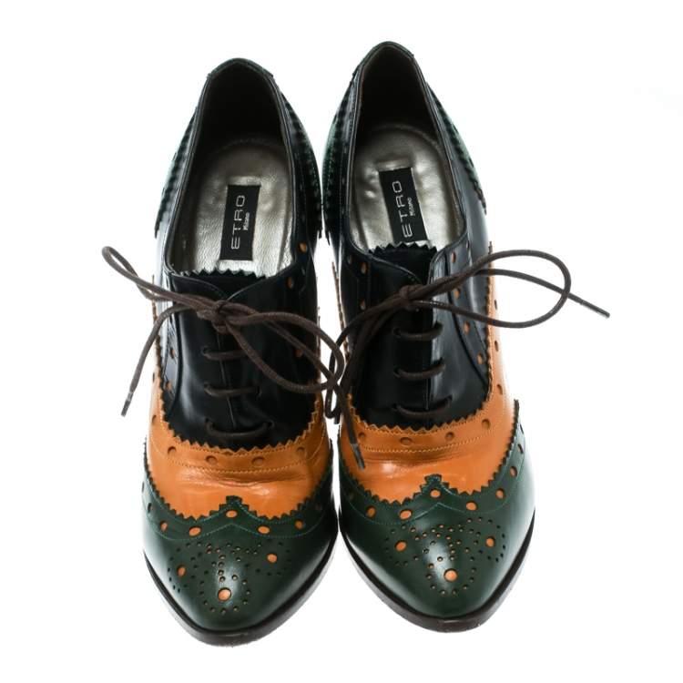 Pre Owned Etro Tricolor Leather Brogue Oxford Ankle Booties Size 38