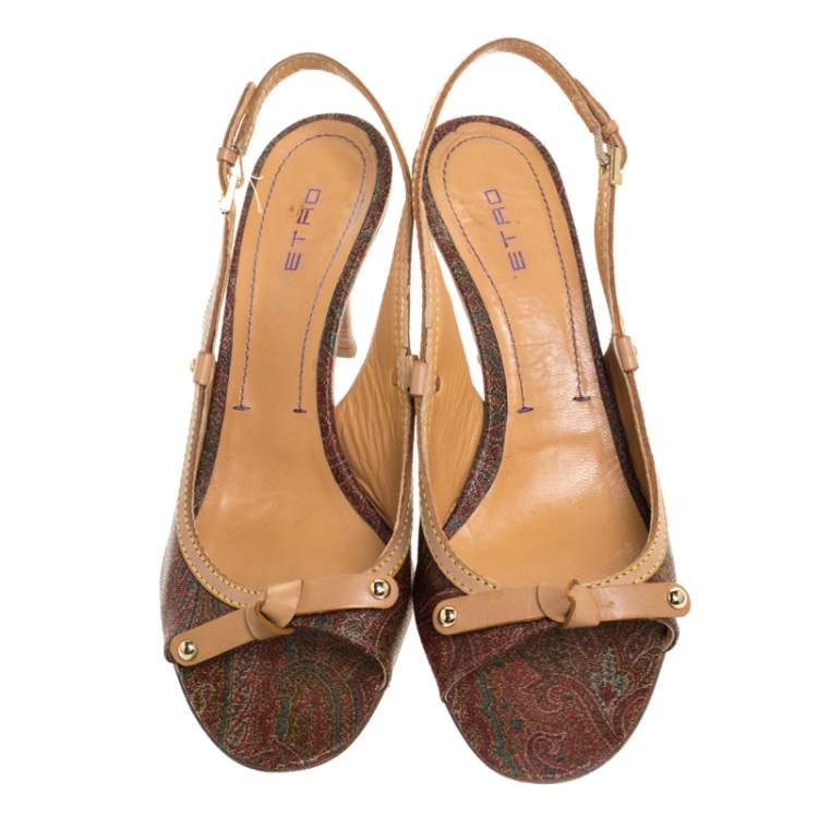 Pre Owned Etro Brown Paisley Print Coated Canvas and Leather Open Toe Slingback Sandals Size 39.5