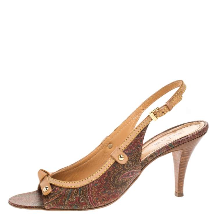 Pre Owned Etro Brown Paisley Print Coated Canvas and Leather Open Toe Slingback Sandals Size 39.5
