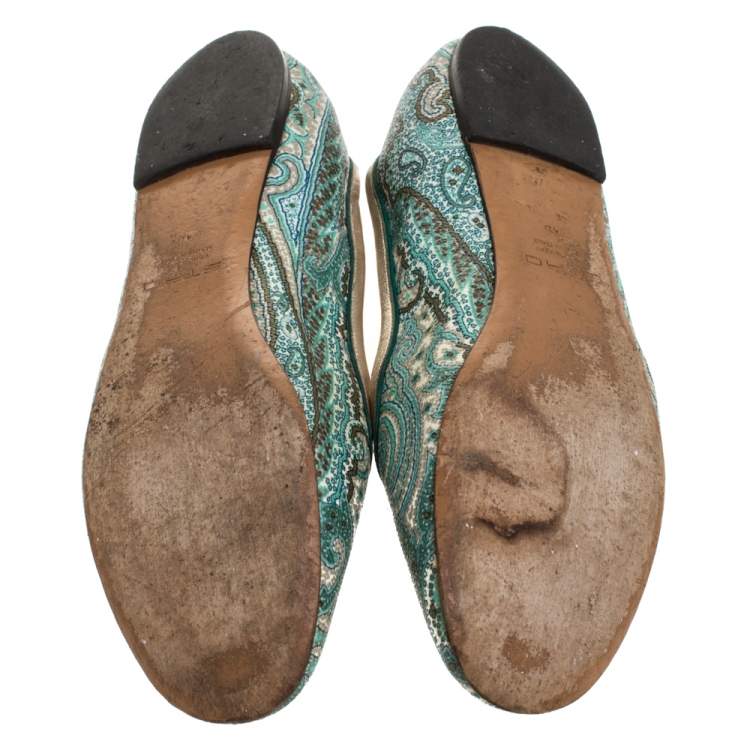 Pre Owned Etro Green Paisley Printed Coated Canvas Embellished Ballet Flats Size 40