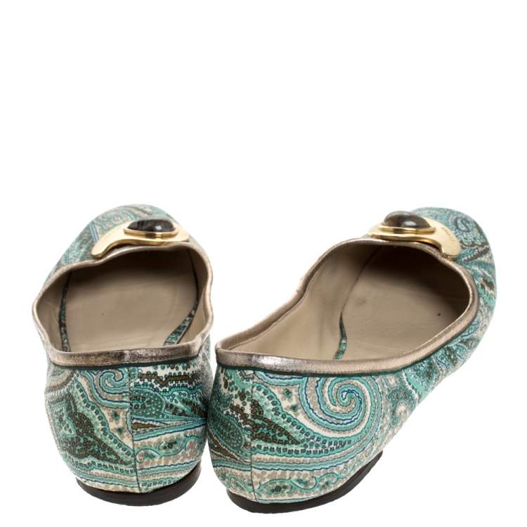 Pre Owned Etro Green Paisley Printed Coated Canvas Embellished Ballet Flats Size 40