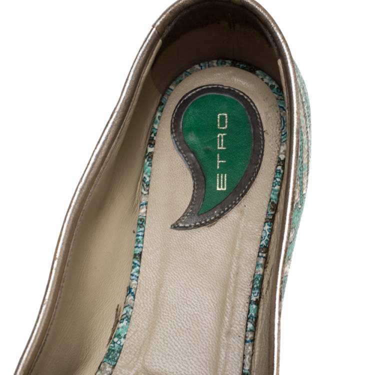 Pre Owned Etro Green Paisley Printed Coated Canvas Embellished Ballet Flats Size 40