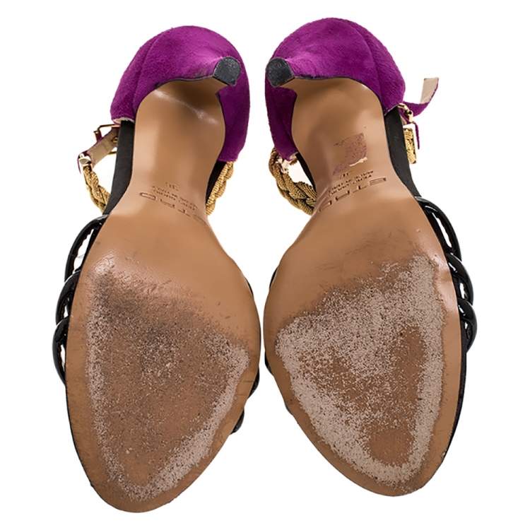 Pre Owned Etro Black/Purple Patent And Suede Chain Embellished Ankle Strap Sandals Size 36
