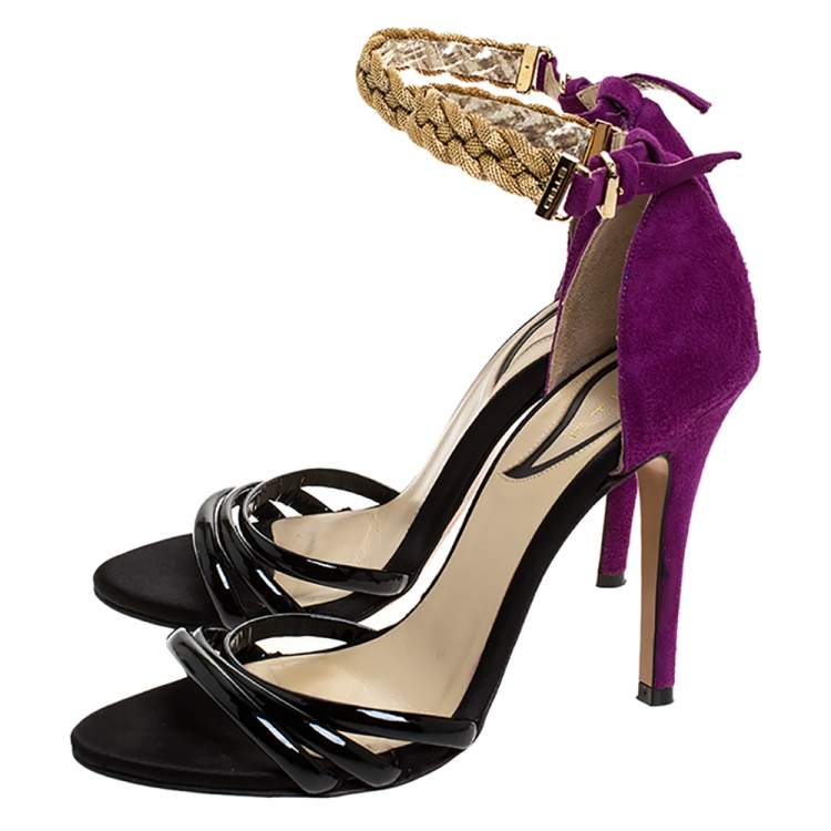 Pre Owned Etro Black/Purple Patent And Suede Chain Embellished Ankle Strap Sandals Size 36