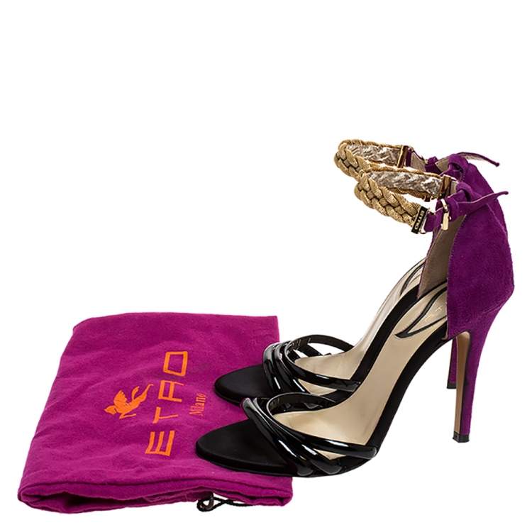 Pre Owned Etro Black/Purple Patent And Suede Chain Embellished Ankle Strap Sandals Size 36