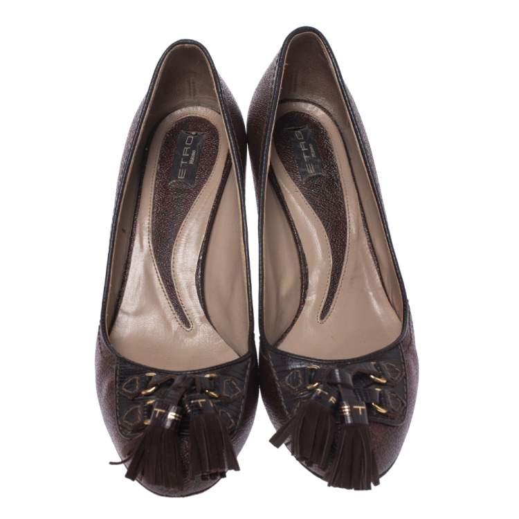 Pre Owned Etro Brown Paisley Print Leather Tassel Embellished Pumps Size 36