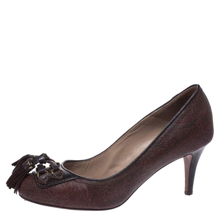 Pre Owned Etro Brown Paisley Print Leather Tassel Embellished Pumps Size 36