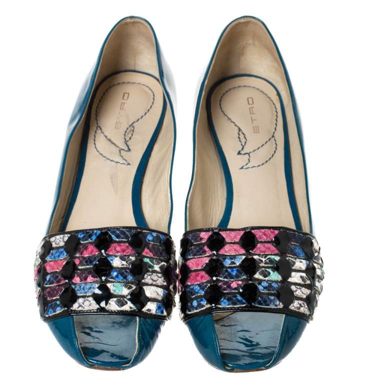 Pre Owned Etro Blue Patent And Multicolor Embossed Python Trim Ballet Flats Size 37