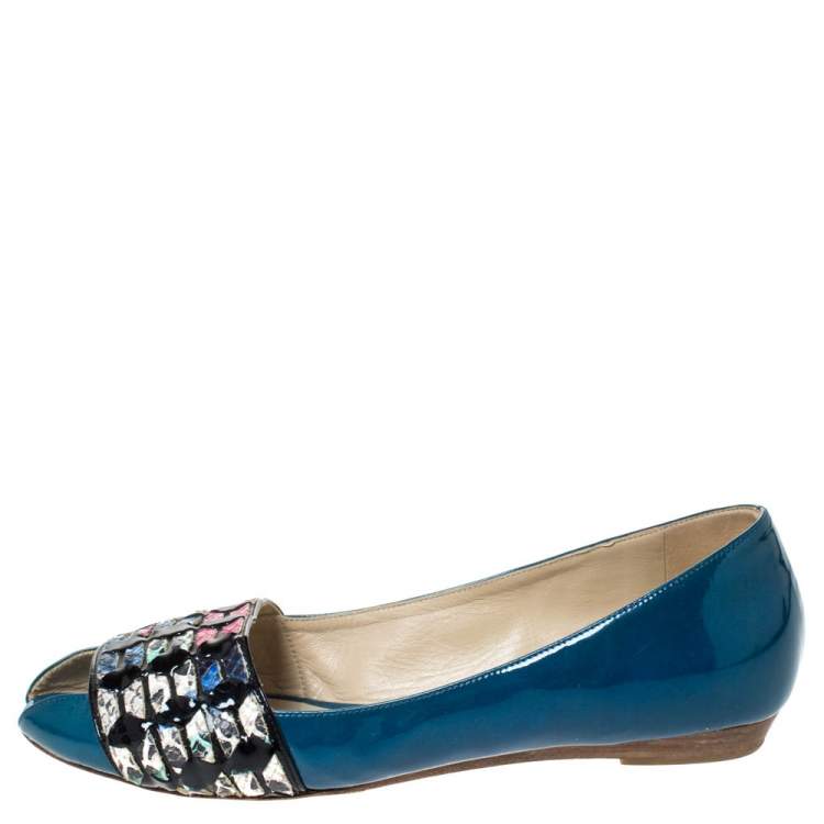 Pre Owned Etro Blue Patent And Multicolor Embossed Python Trim Ballet Flats Size 37