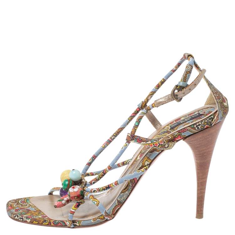 Pre Owned Etro Multicolor Fabric Paisley Print Strappy Embellished Open Toe Ankle Strap Sandals Size 40