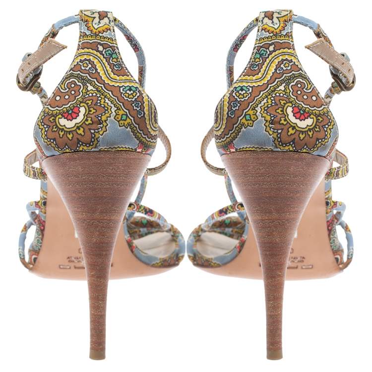 Pre Owned Etro Multicolor Fabric Paisley Print Strappy Embellished Open Toe Ankle Strap Sandals Size 40