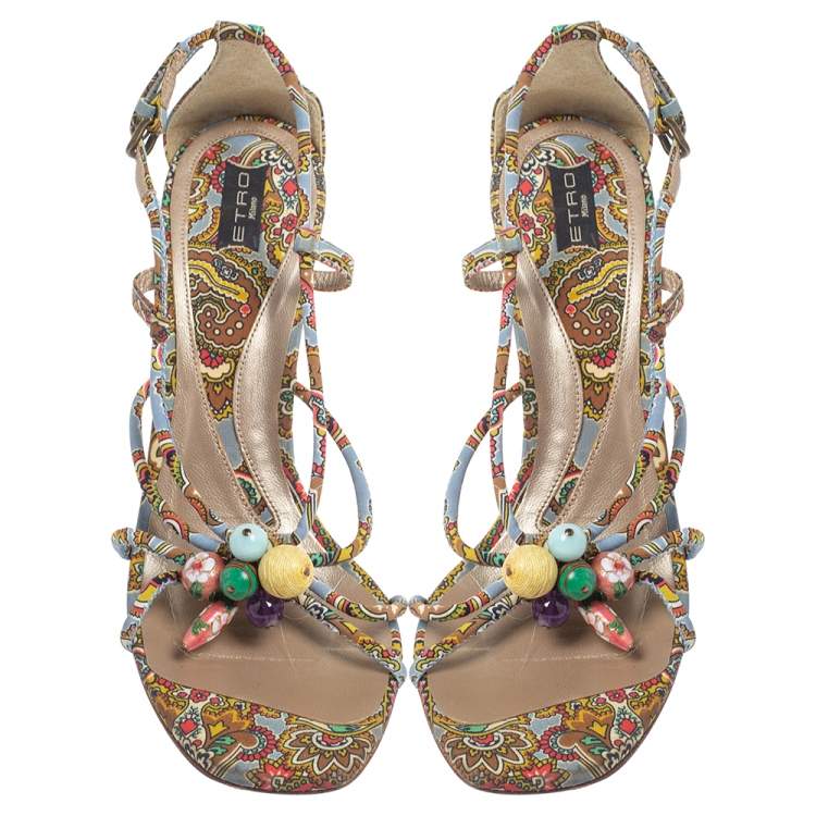 Pre Owned Etro Multicolor Fabric Paisley Print Strappy Embellished Open Toe Ankle Strap Sandals Size 40