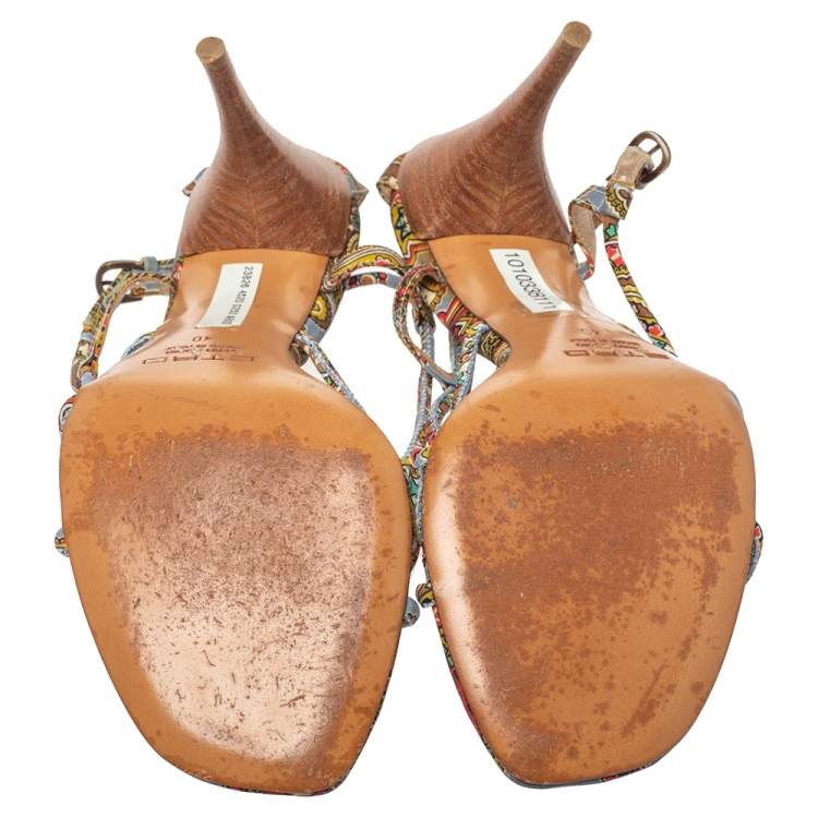 Pre Owned Etro Multicolor Fabric Paisley Print Strappy Embellished Open Toe Ankle Strap Sandals Size 40