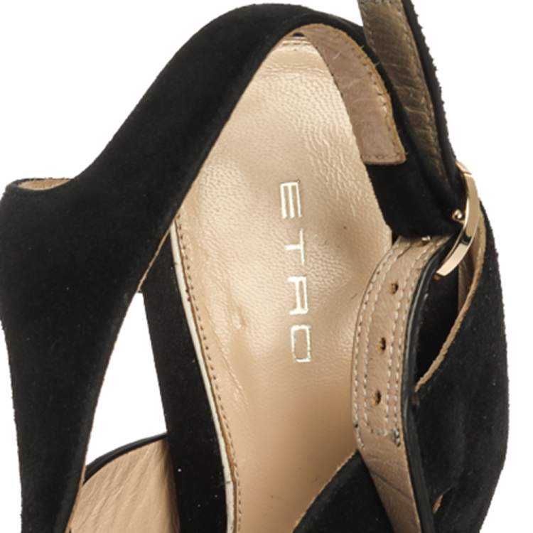 Pre Owned Etro Black Suede Leather And Pony Hair Pointed Toe Ankle Strap Sandals Size 40