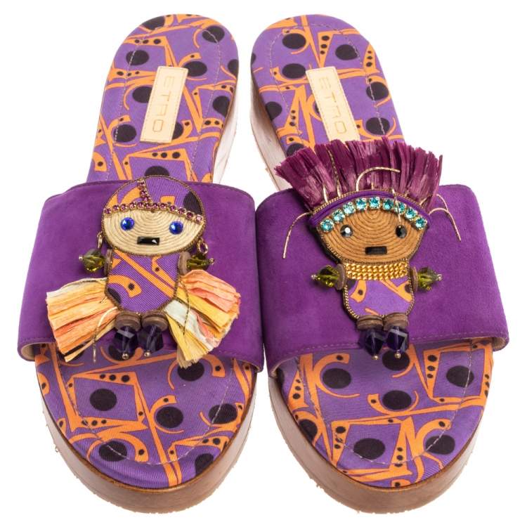 Pre Owned Etro Purple Suede Embellished Open Toe Slide Sandals Size 39