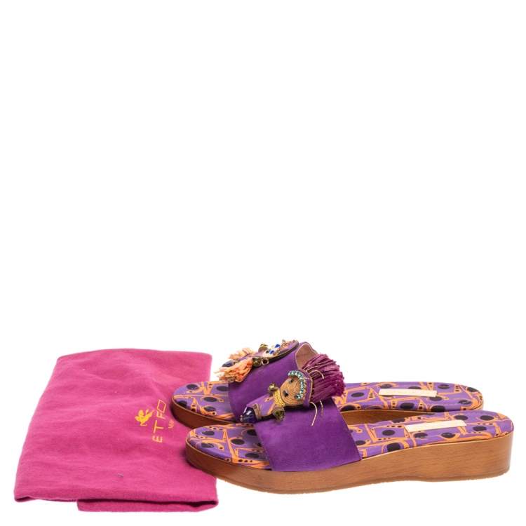 Pre Owned Etro Purple Suede Embellished Open Toe Slide Sandals Size 39