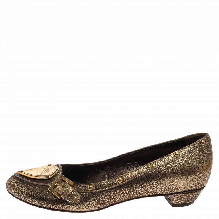 Pre Owned Etro Metallic Gold Leather Buckle Detail Studded Flats Size 38