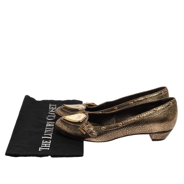 Pre Owned Etro Metallic Gold Leather Buckle Detail Studded Flats Size 38