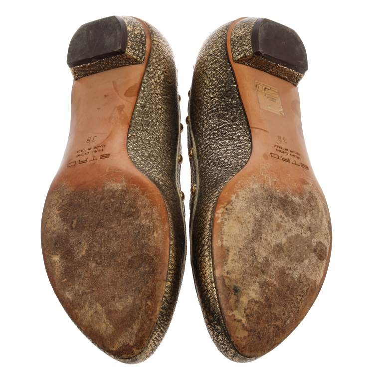 Pre Owned Etro Metallic Gold Leather Buckle Detail Studded Flats Size 38