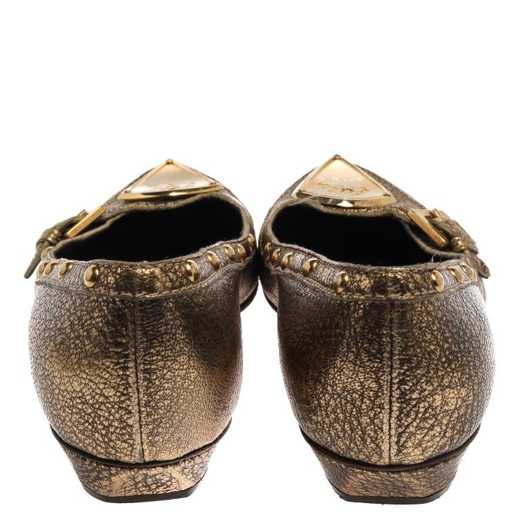 Pre Owned Etro Metallic Gold Leather Buckle Detail Studded Flats Size 38
