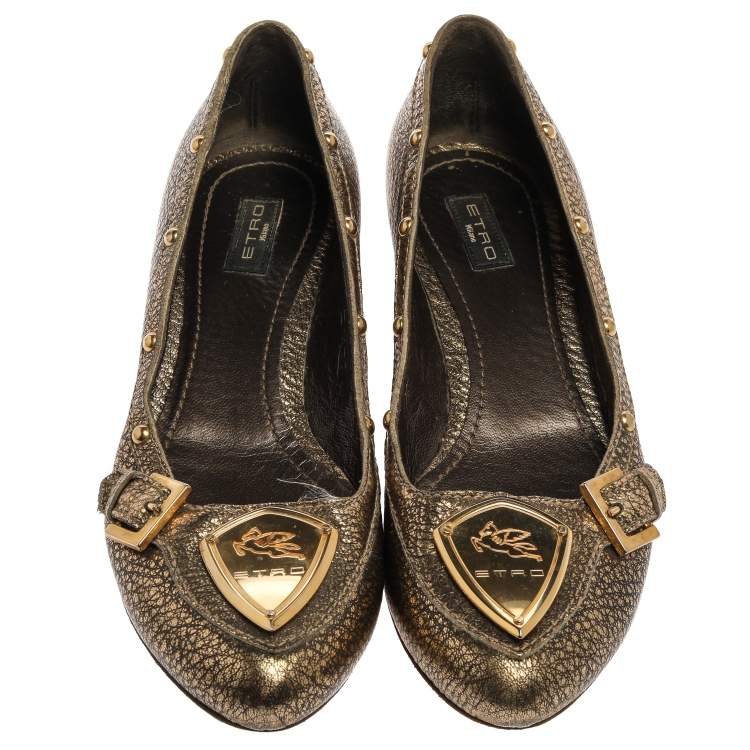 Pre Owned Etro Metallic Gold Leather Buckle Detail Studded Flats Size 38