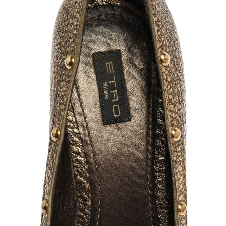 Pre Owned Etro Metallic Gold Leather Buckle Detail Studded Flats Size 38