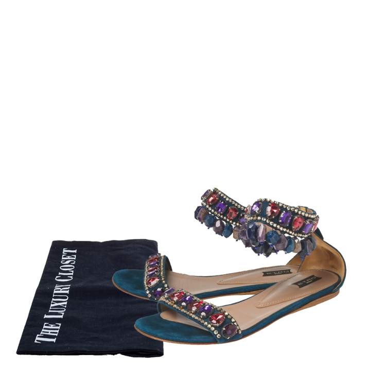 Pre Owned Etro Teal Suede Crystal Embellished Ankle Strap Flat Sandals Size 39