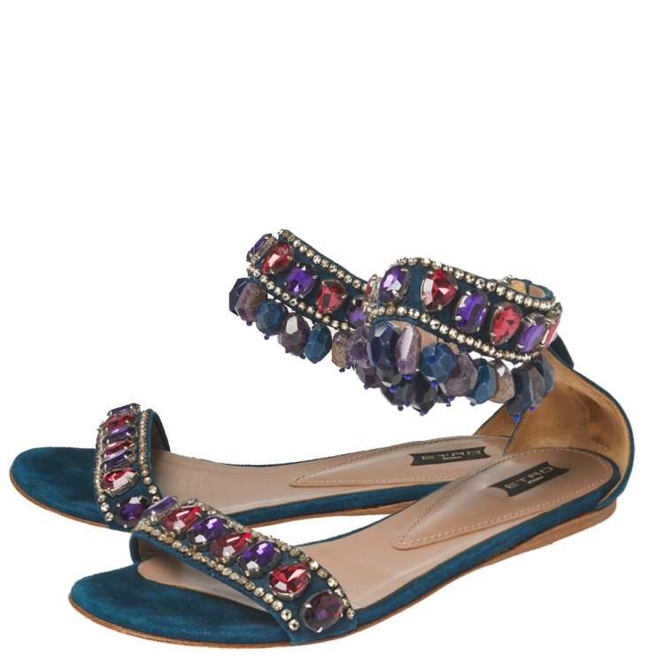 Pre Owned Etro Teal Suede Crystal Embellished Ankle Strap Flat Sandals Size 39