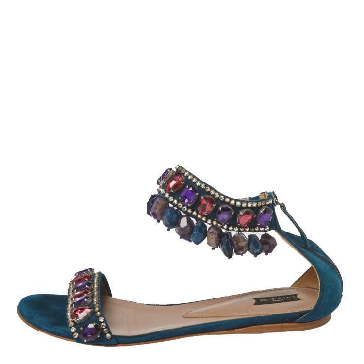 Pre Owned Etro Teal Suede Crystal Embellished Ankle Strap Flat Sandals Size 39
