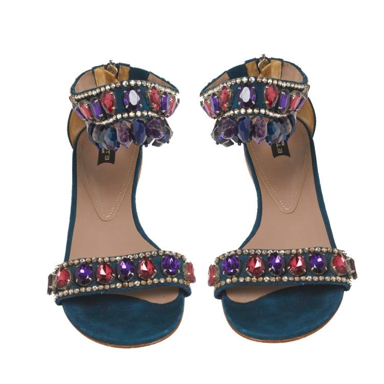 Pre Owned Etro Teal Suede Crystal Embellished Ankle Strap Flat Sandals Size 39