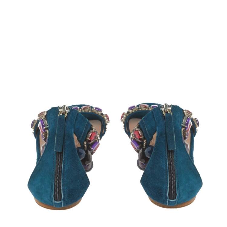 Pre Owned Etro Teal Suede Crystal Embellished Ankle Strap Flat Sandals Size 39