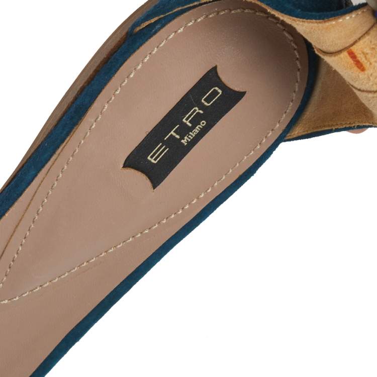 Pre Owned Etro Teal Suede Crystal Embellished Ankle Strap Flat Sandals Size 39