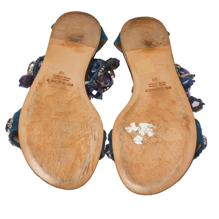 Pre Owned Etro Teal Suede Crystal Embellished Ankle Strap Flat Sandals Size 39