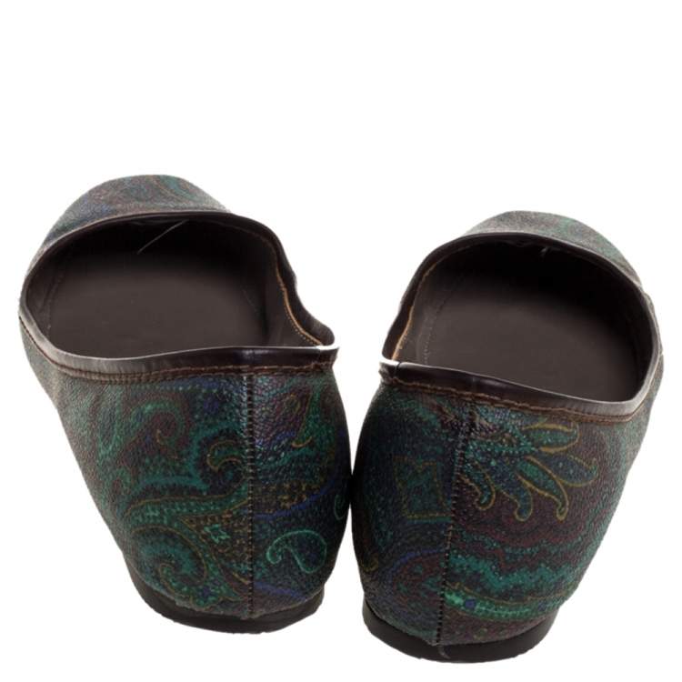 Pre Owned Etro Paisley Multicolor Printed Coated Canvas And Leather Trim Ballet Flats Size 38