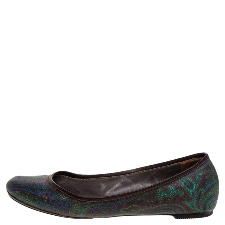 Pre Owned Etro Paisley Multicolor Printed Coated Canvas And Leather Trim Ballet Flats Size 38