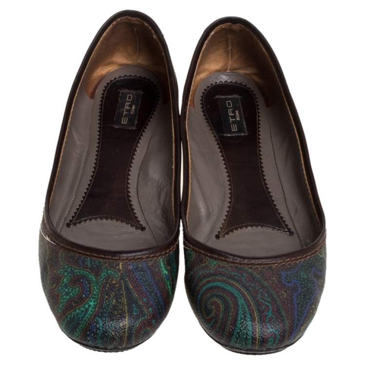 Pre Owned Etro Paisley Multicolor Printed Coated Canvas And Leather Trim Ballet Flats Size 38