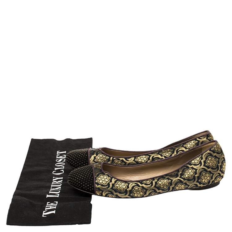 Pre Owned Etro Black/Gold Jacquard Fabric Ballet Flats Size 37