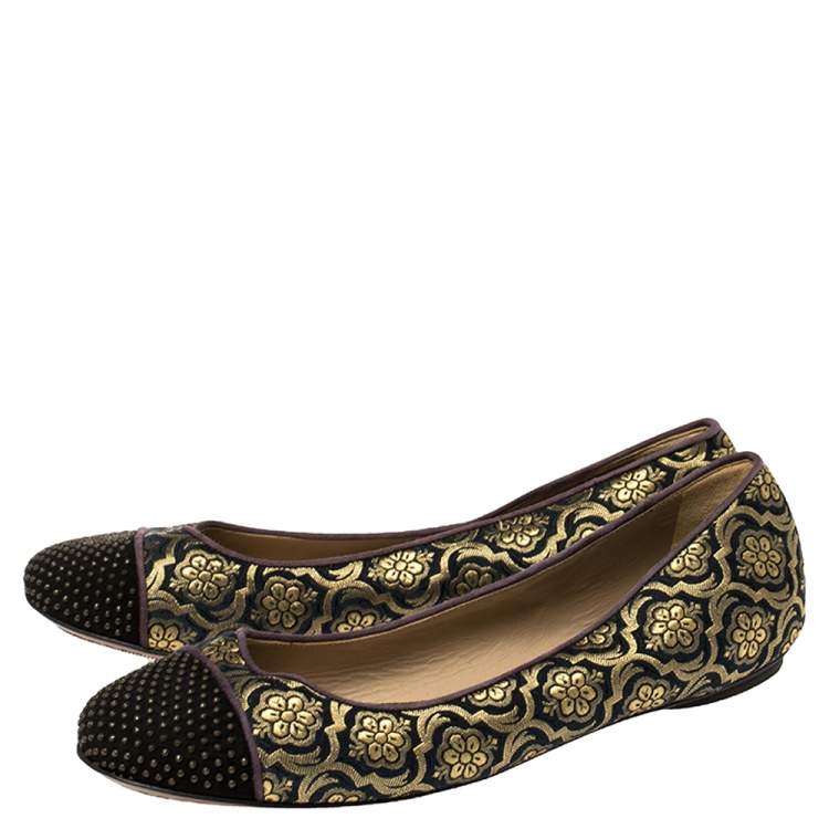 Pre Owned Etro Black/Gold Jacquard Fabric Ballet Flats Size 37