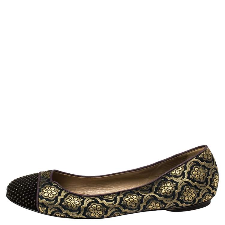 Pre Owned Etro Black/Gold Jacquard Fabric Ballet Flats Size 37
