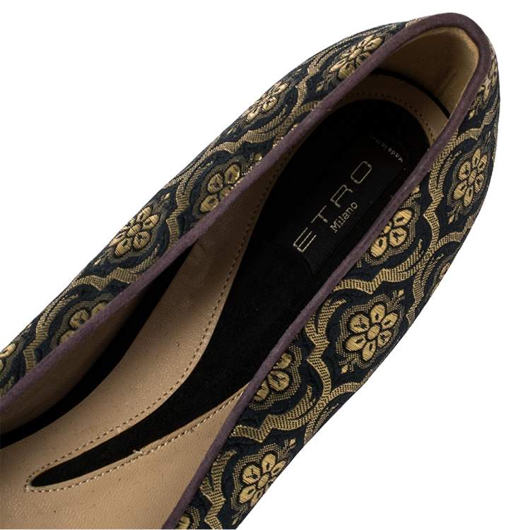 Pre Owned Etro Black/Gold Jacquard Fabric Ballet Flats Size 37